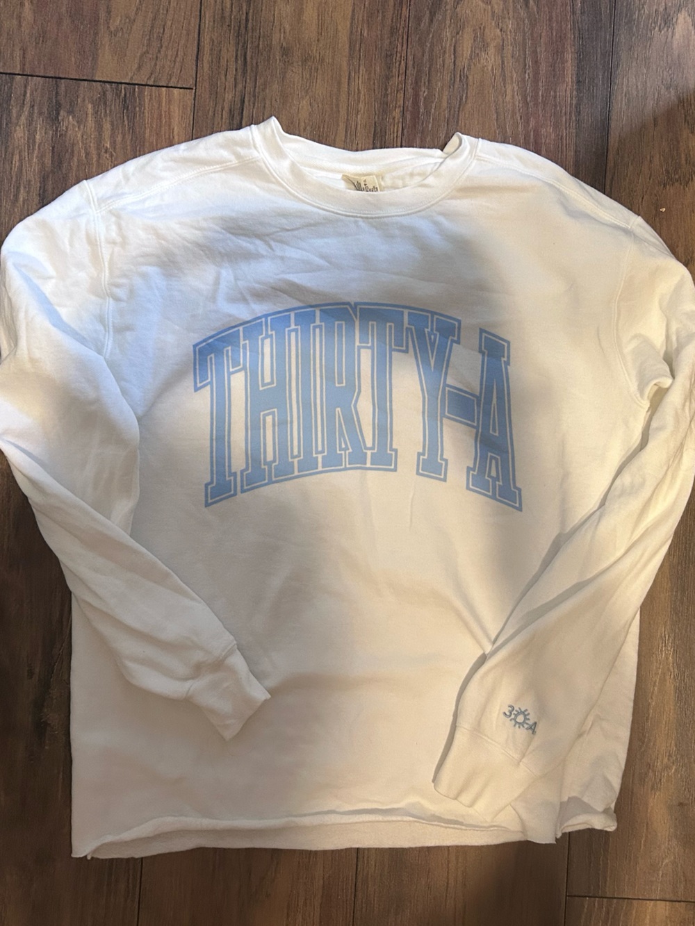 30-A White Sweatshirt with Light Blue Logo